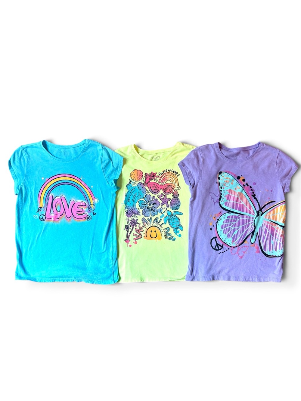Girls Neon Rainbow & Butterfly Graphic Tee Set - Blue, Lime, Purple